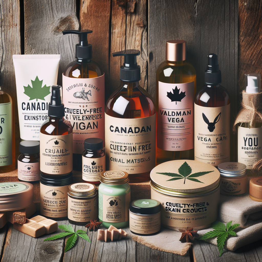 A vibrant display of cruelty-free and vegan skincare products from Canadian brands, showcasing natural ingredients like herbs and oils against a rustic wooden backdrop.