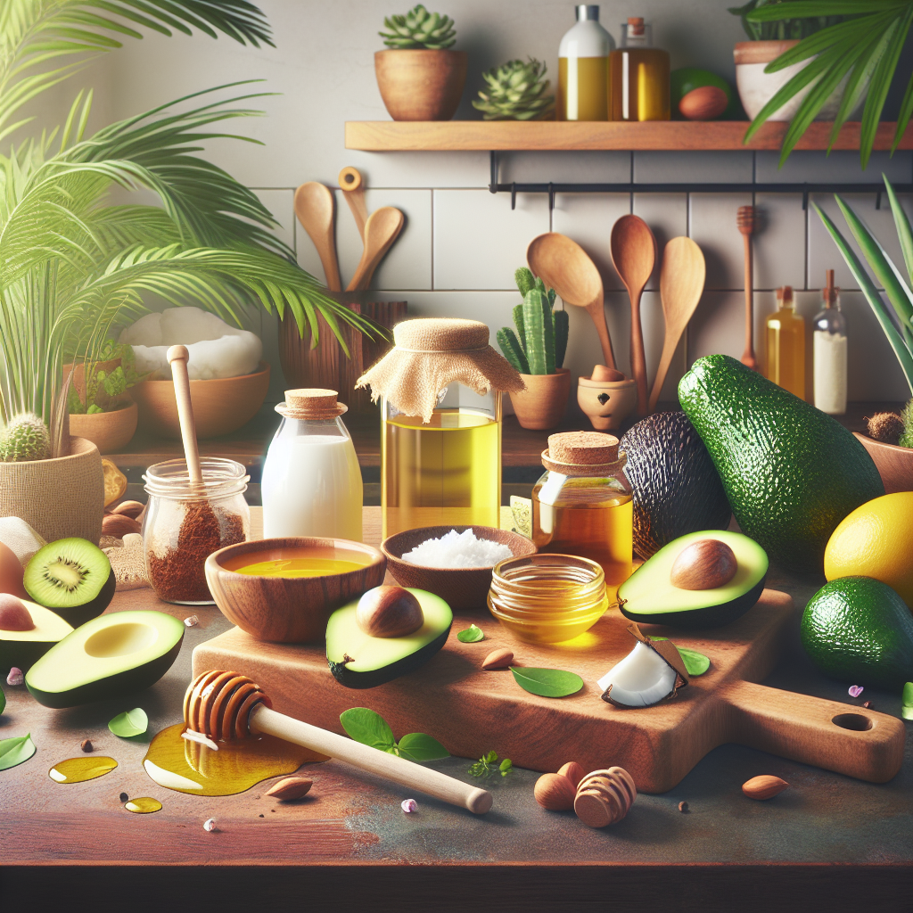 A vibrant kitchen scene with various natural ingredients like coconut oil, avocados, honey, and olive oil on a countertop, showcasing DIY hair treatment recipes.