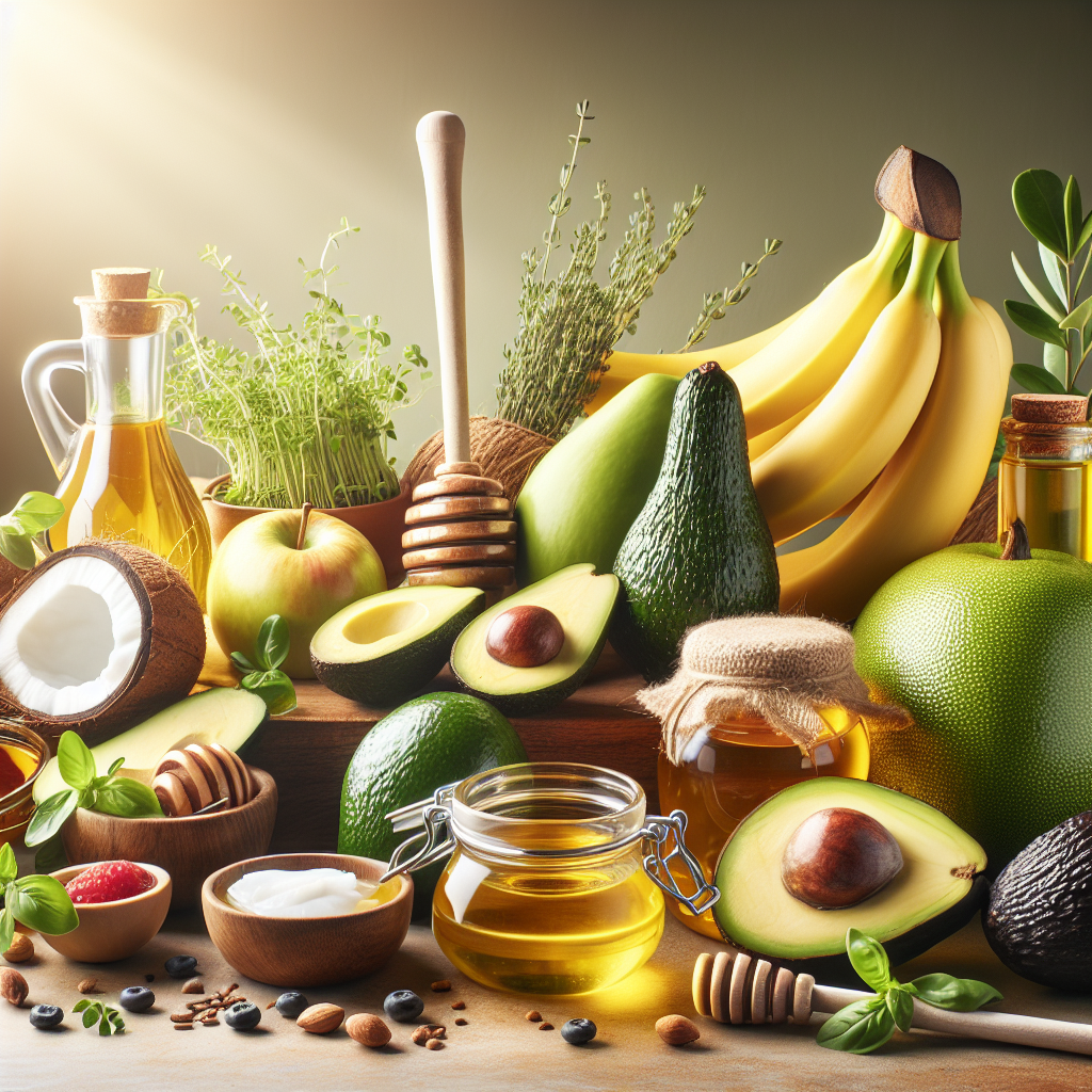 A vibrant kitchen scene featuring natural ingredients like avocados, bananas, honey, coconut oil, and olive oil arranged artistically with fresh herbs