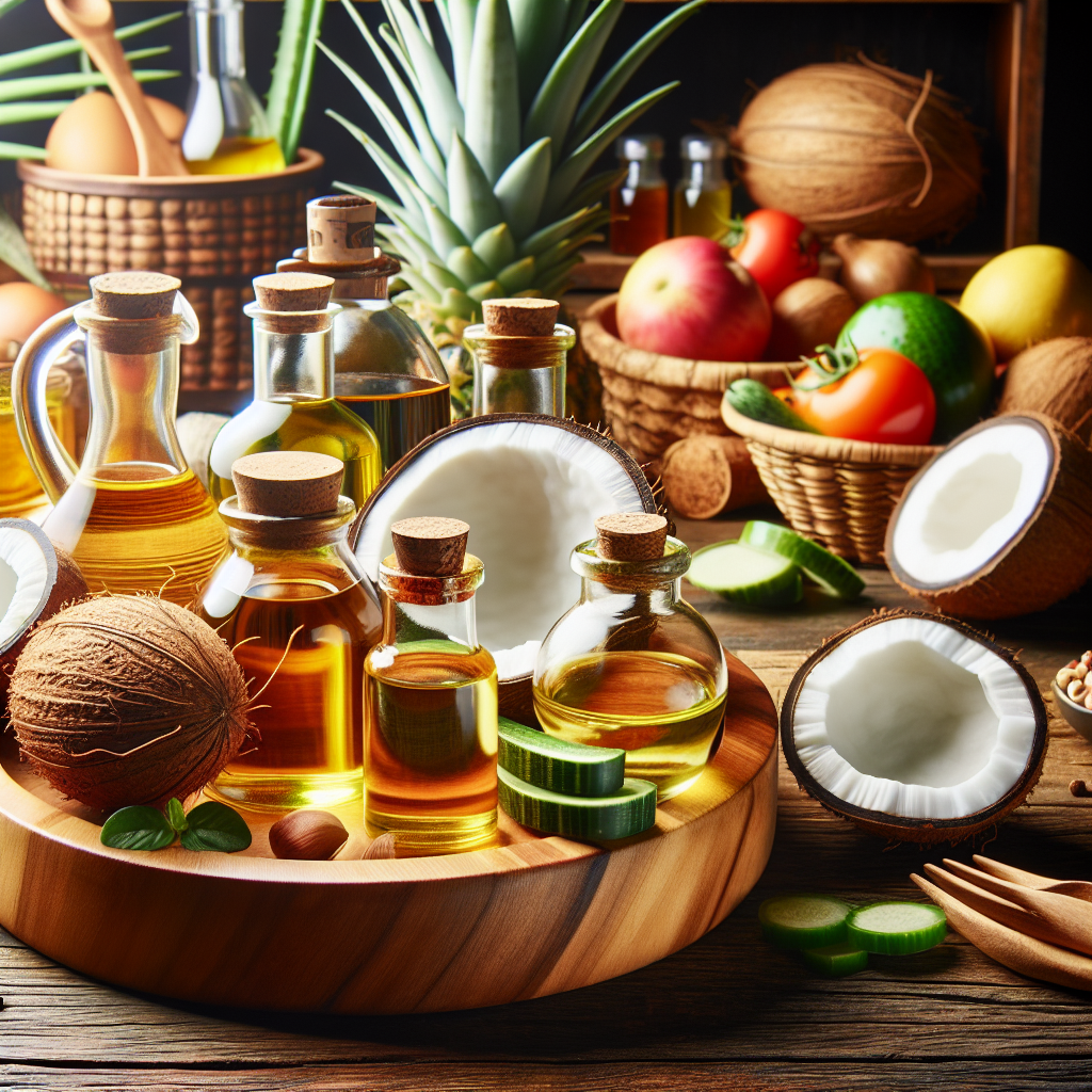 A vibrant kitchen scene showcasing various natural oils like coconut oil, argan oil, and aloe vera gel on a wooden countertop with fresh ingredients around them