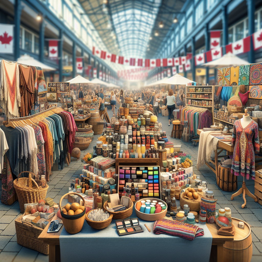 A vibrant market scene showcasing various made-in-Canada products including clothing, beauty items, and artisanal crafts