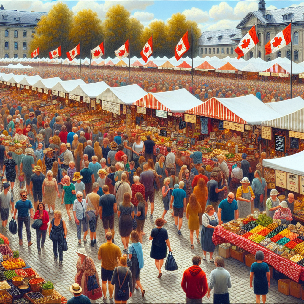 A vibrant market scene showcasing various locally made in Canada products including crafts, food items, and clothing with people shopping happily
