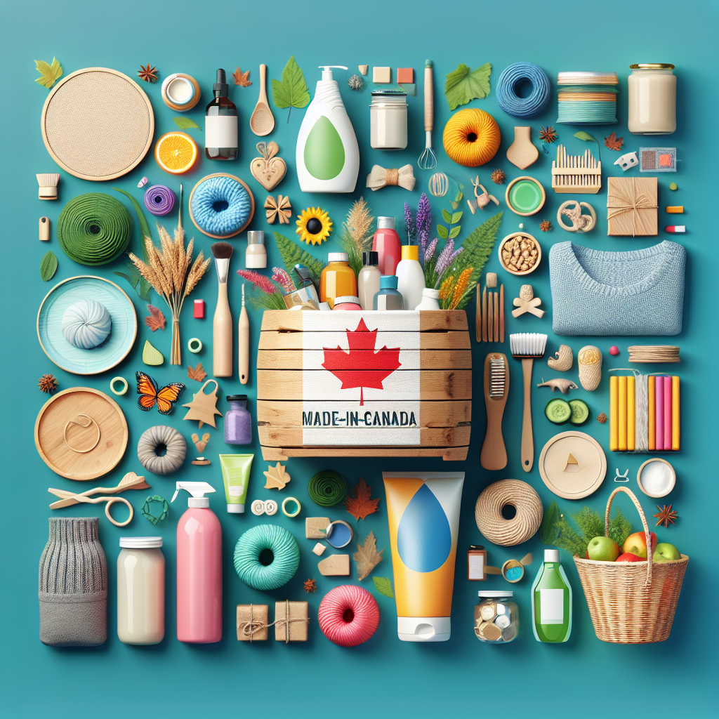 A vibrant display of various made-in-Canada products including skincare items, eco-friendly cleaning supplies, clothing, furniture, and artisan crafts arranged creatively