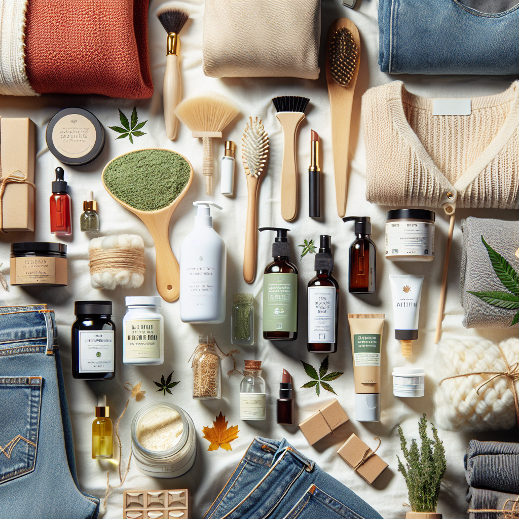 A vibrant display of various made-in-Canada products including beauty items, eco-friendly cleaning supplies, wellness supplements, and stylish clothing