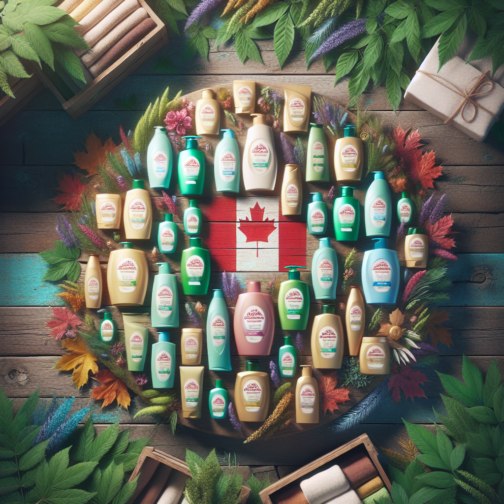 A vibrant display of various Canadian shampoo bottles on a rustic wooden table surrounded by natural elements like leaves and flowers