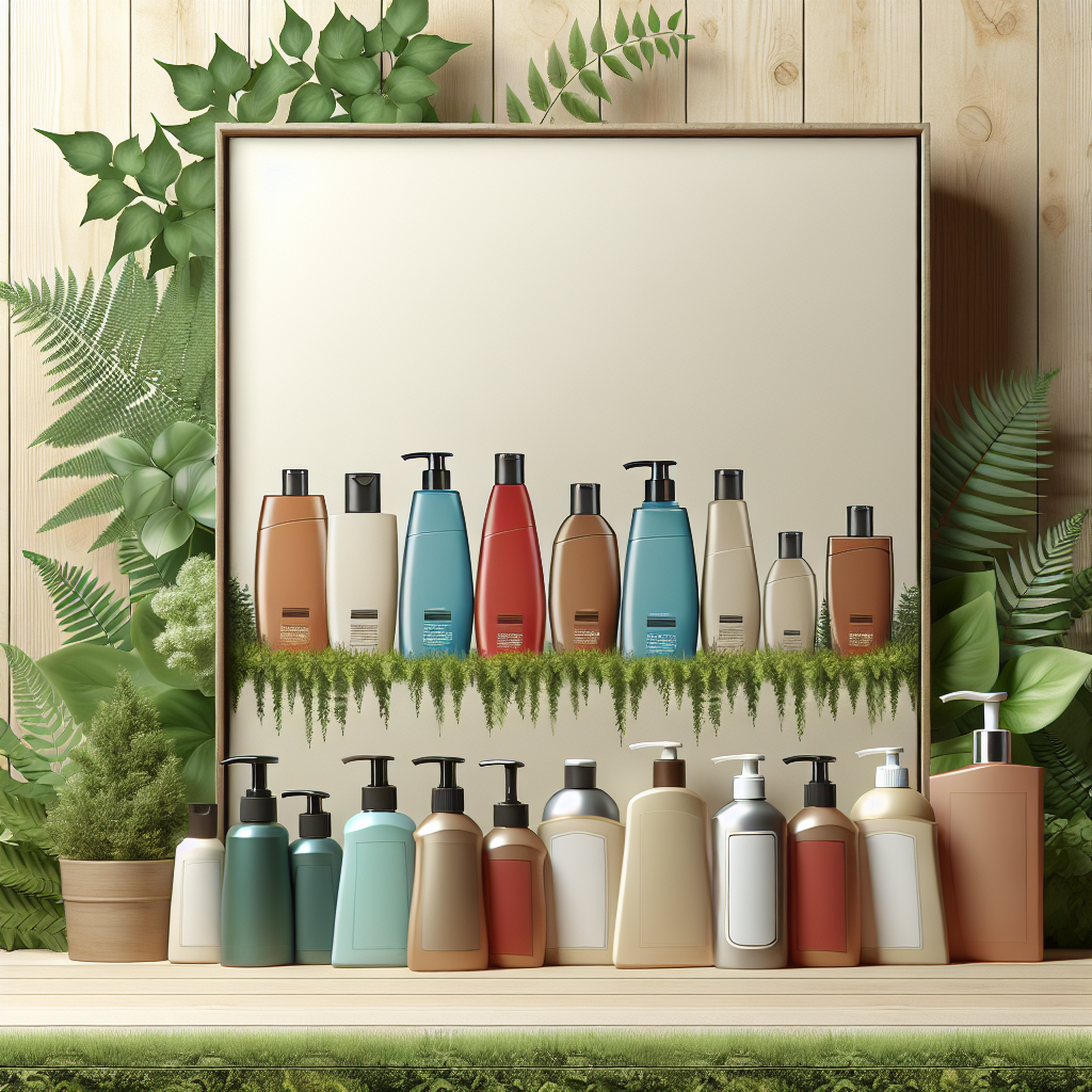 A vibrant display of various Canadian shampoo bottles on a wooden shelf with greenery in the background