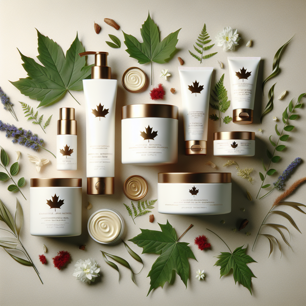 A selection of luxurious Canadian hair care products displayed elegantly with natural elements like leaves and flowers