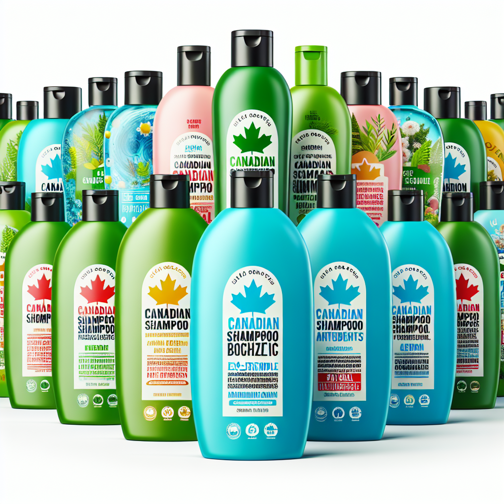 A vibrant display of various Canadian shampoo bottles showcasing eco-friendly packaging and natural ingredients
