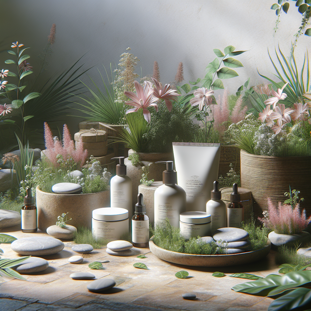 A serene natural setting showcasing organic skincare products surrounded by plants and flowers