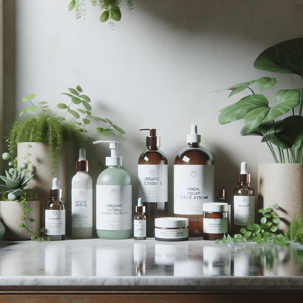 A serene bathroom shelf displaying various Skin Essence Organics products including organic face serum and natural facial essence amidst plants