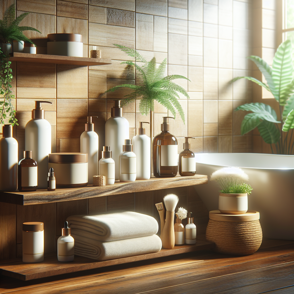 A serene bathroom setting featuring natural skincare products from Skin Essence Organics on a wooden shelf