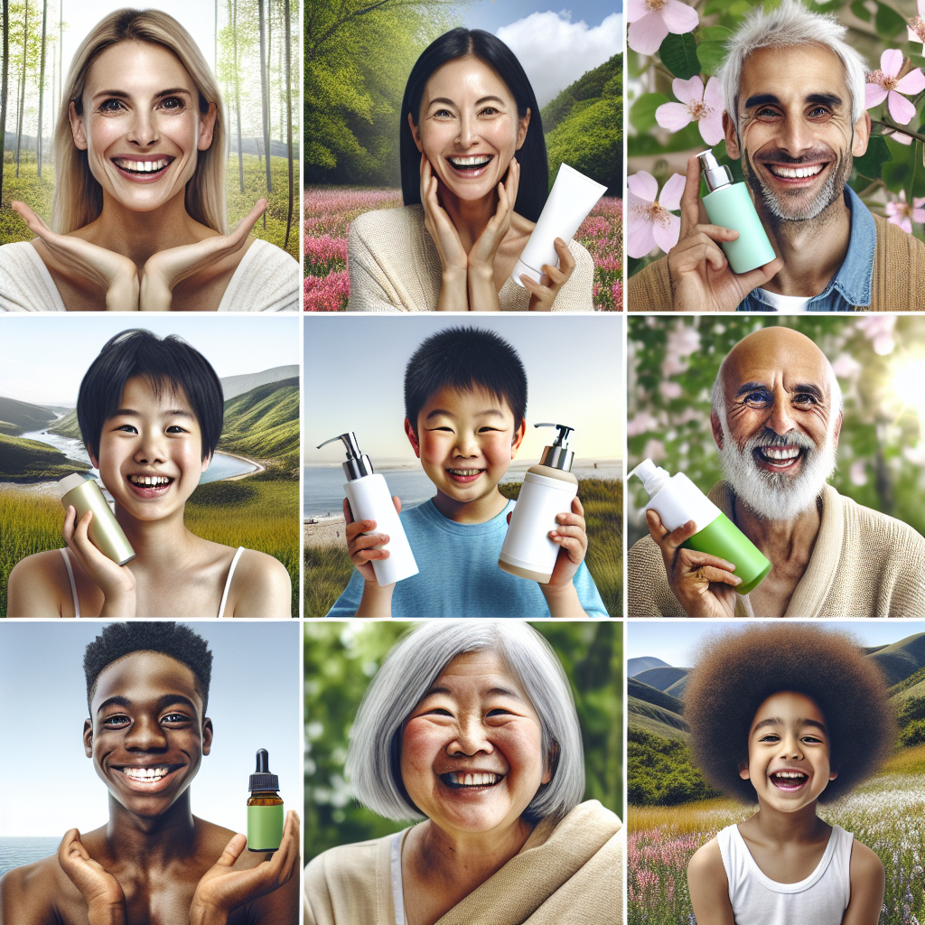 A collage of user testimonials featuring diverse people happily using Skin Essence Organics products in natural settings.