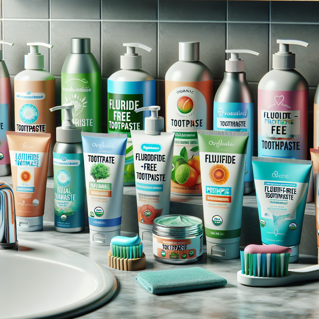 A vibrant display of various fluoride-free toothpaste brands including natural, organic, and vegan options on a bathroom counter