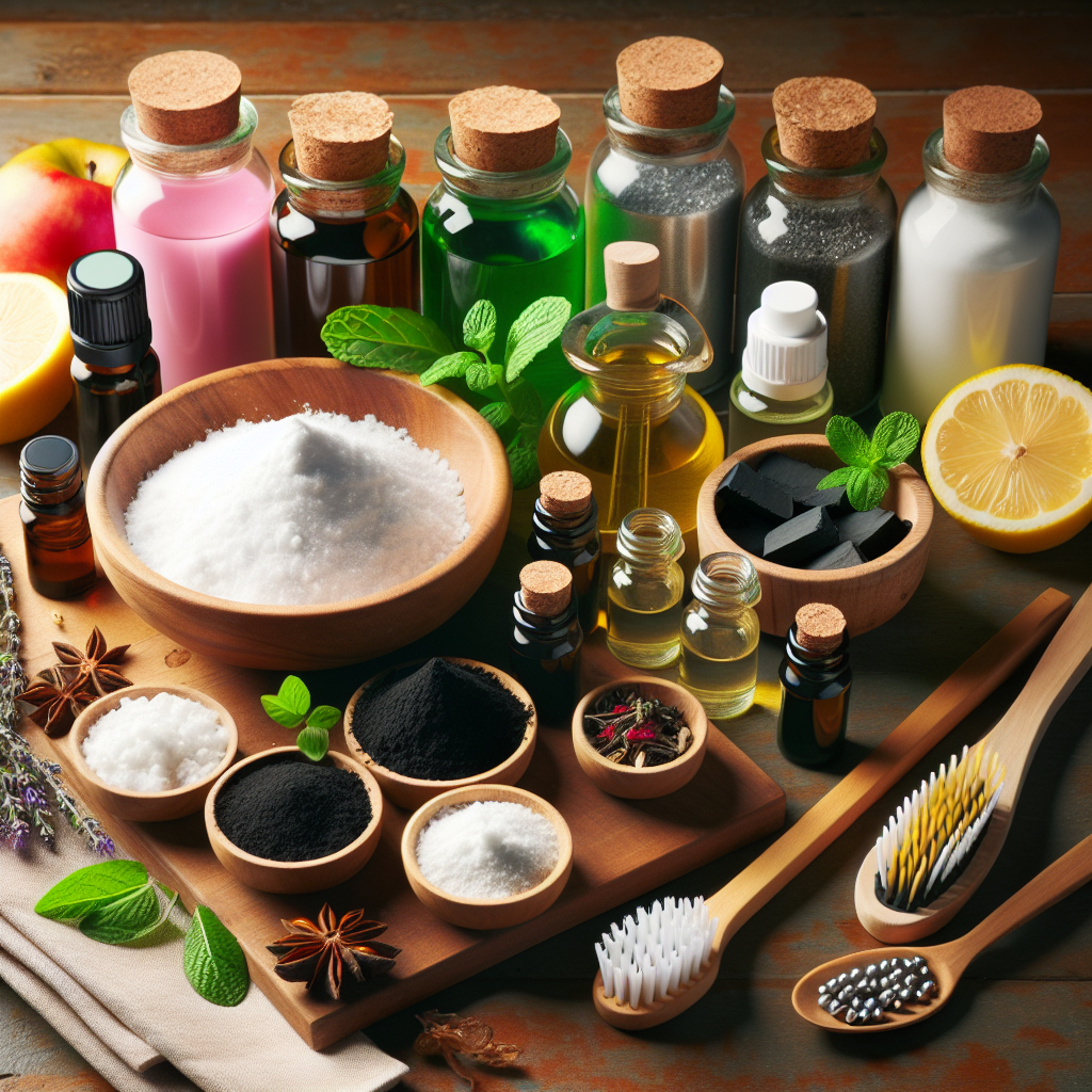 A vibrant display of homemade fluoride-free toothpaste ingredients including baking soda, activated charcoal, essential oils, and herbs on a wooden kitchen counter