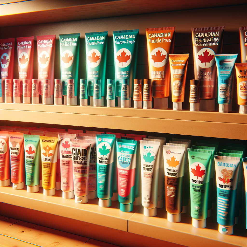 A colorful display of various Canadian fluoride-free toothpastes on a wooden shelf