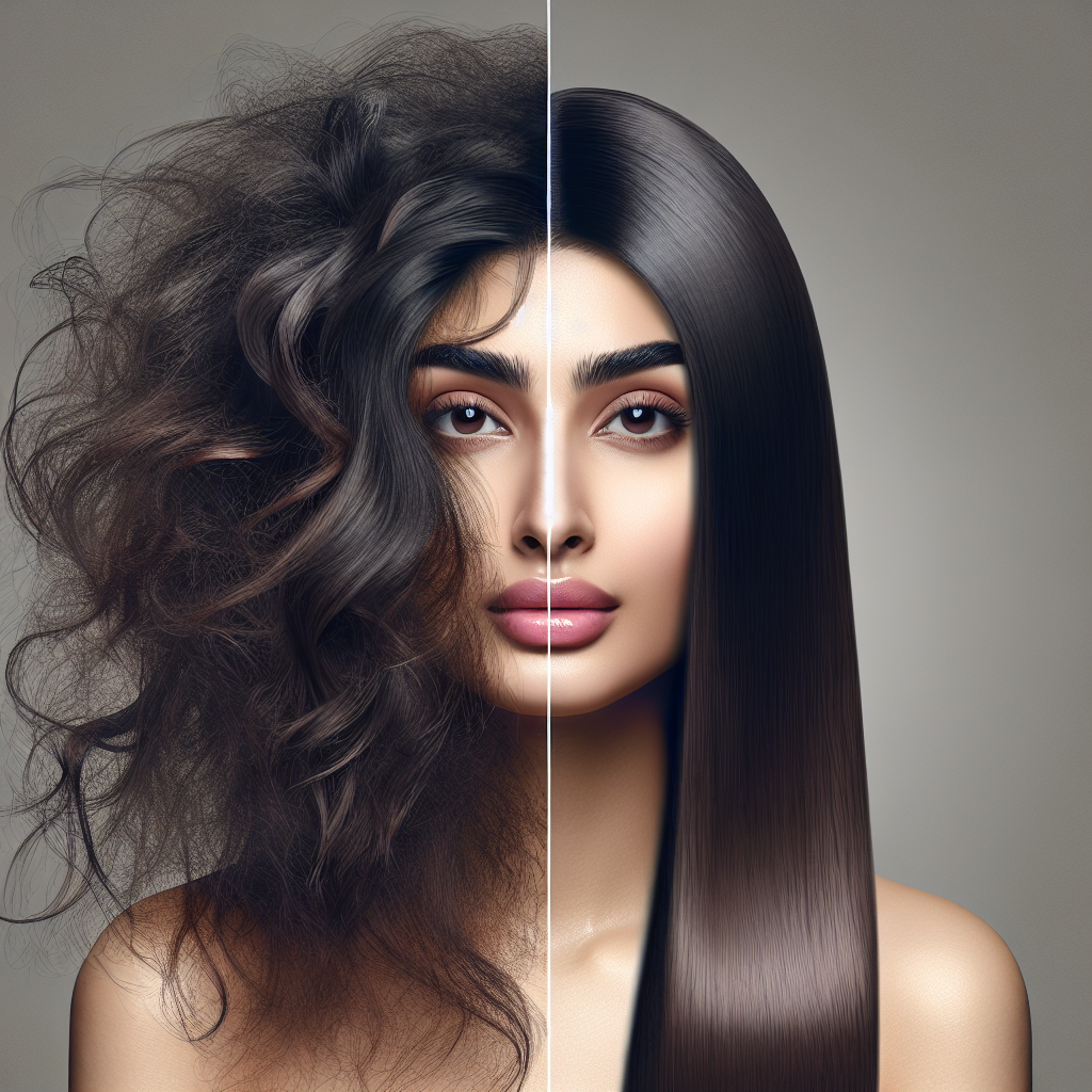 A vibrant before-and-after transformation of frizzy hair into smooth and shiny locks