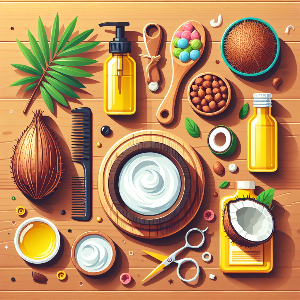 A vibrant flat lay of various hair care products including coconut oil, argan oil, and a DIY mask ingredients on a wooden table.