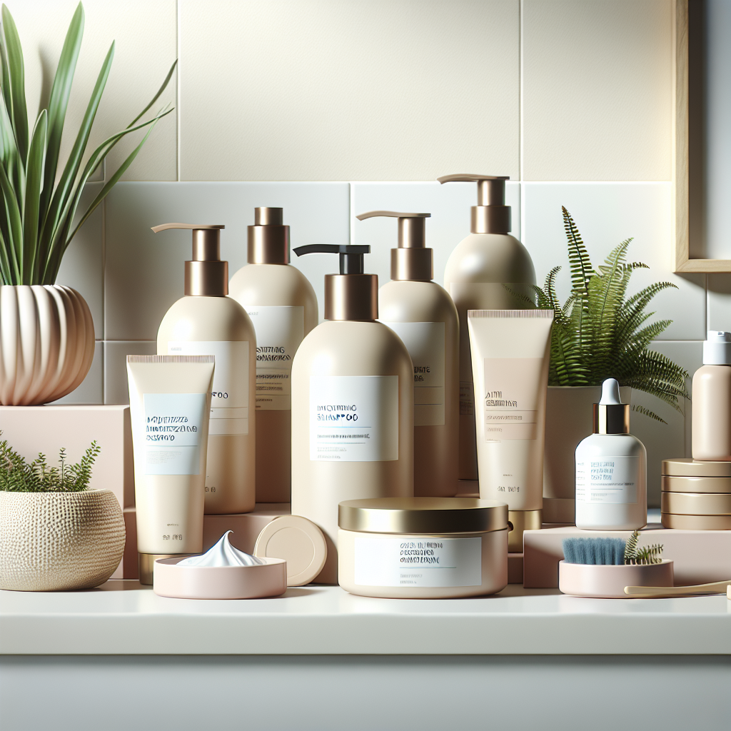 A collection of various high-quality hair care products including moisturizing shampoo, anti-frizz serum, leave-in conditioner, and smoothing treatment on a stylish bathroom counter