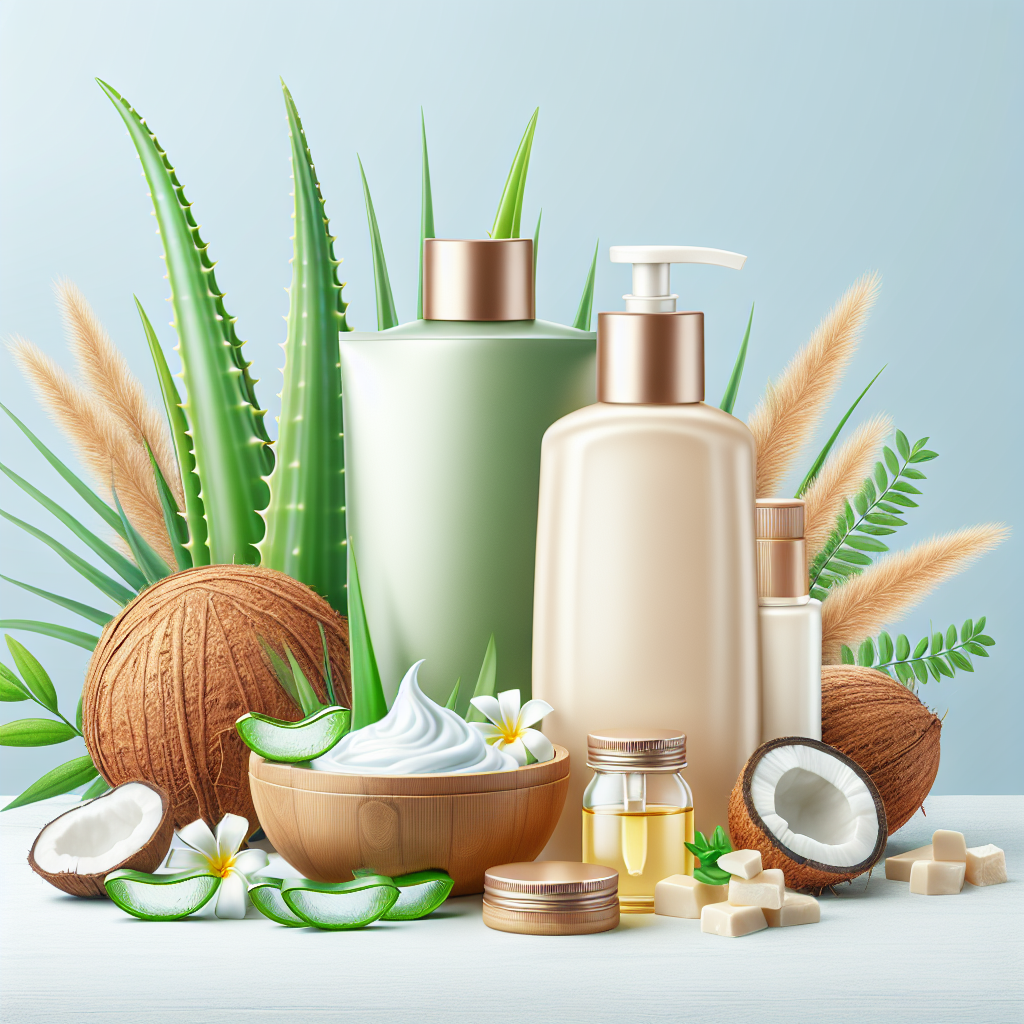 A vibrant display of various natural moisturizers including aloe vera gel, shea butter lotion, and coconut oil in eco-friendly packaging