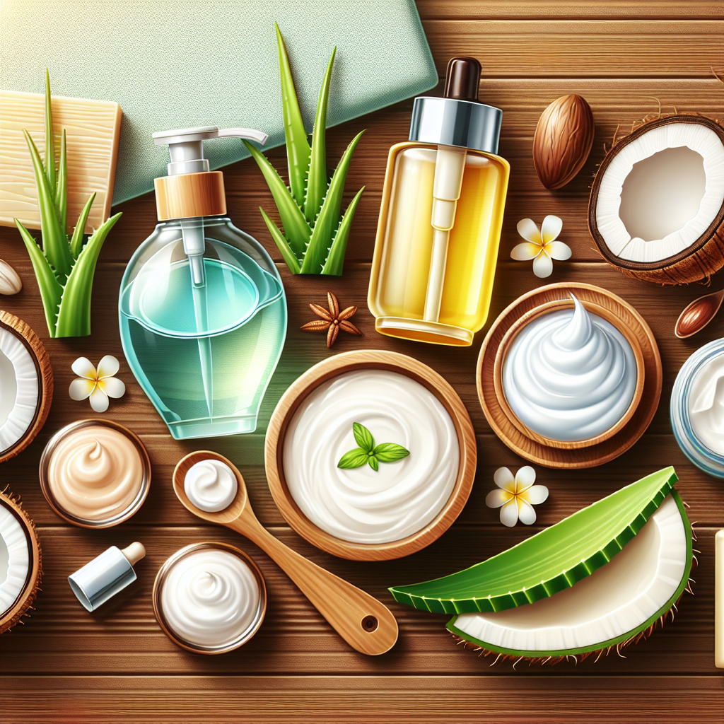 A flat lay of various natural skincare products including aloe vera gel, shea butter lotion, coconut oil moisturizer, and jojoba oil cream on a wooden surface
