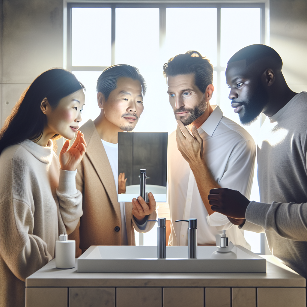 A diverse group of people examining their different skin types in a bright bathroom setting with natural light