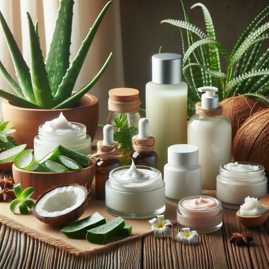 A vibrant display of various natural moisturizers including aloe vera gel, shea butter lotion, coconut oil jars, and herbal creams on a wooden table surrounded by fresh botanicals