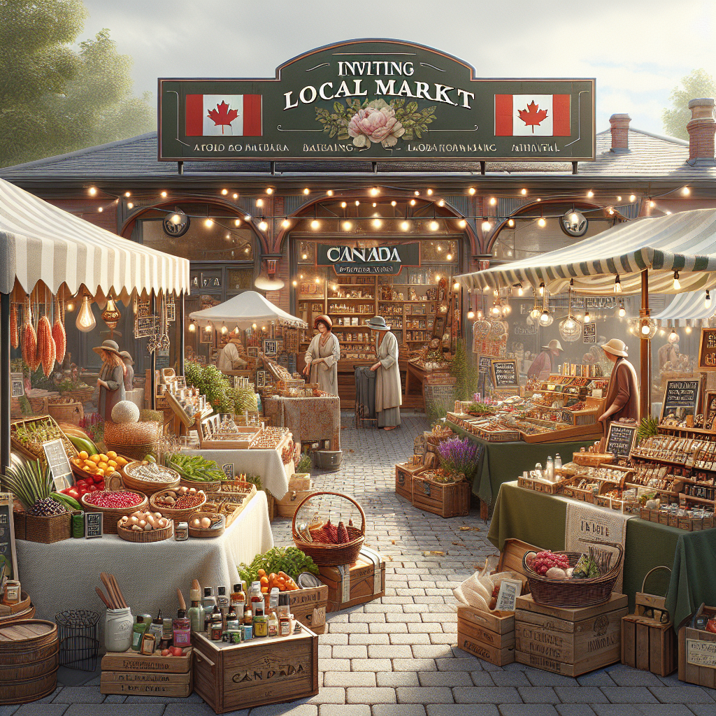 A vibrant local market in Canada showcasing various artisanal products including handmade crafts, organic food items, and beauty products with a strong emphasis on Canadian culture.