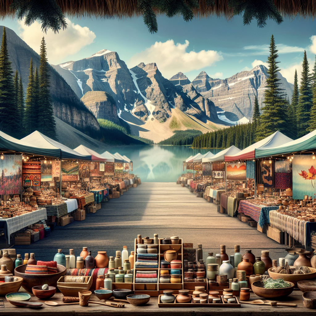 A vibrant market scene showcasing various handcrafted Canadian-made products like pottery, textiles, and skincare items with a backdrop of iconic Canadian landscapes
