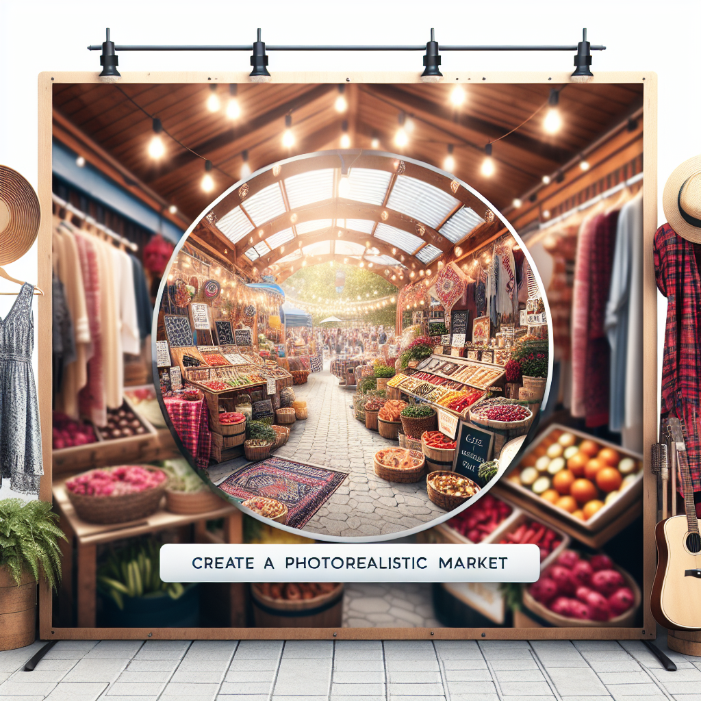 A vibrant market scene showcasing various Canadian-made products including handcrafted items by local artisans, eco-friendly clothing, and artisanal food products