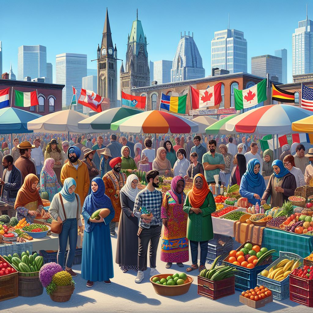 A vibrant farmer's market scene in Canada showcasing local artisans selling handmade crafts and food products