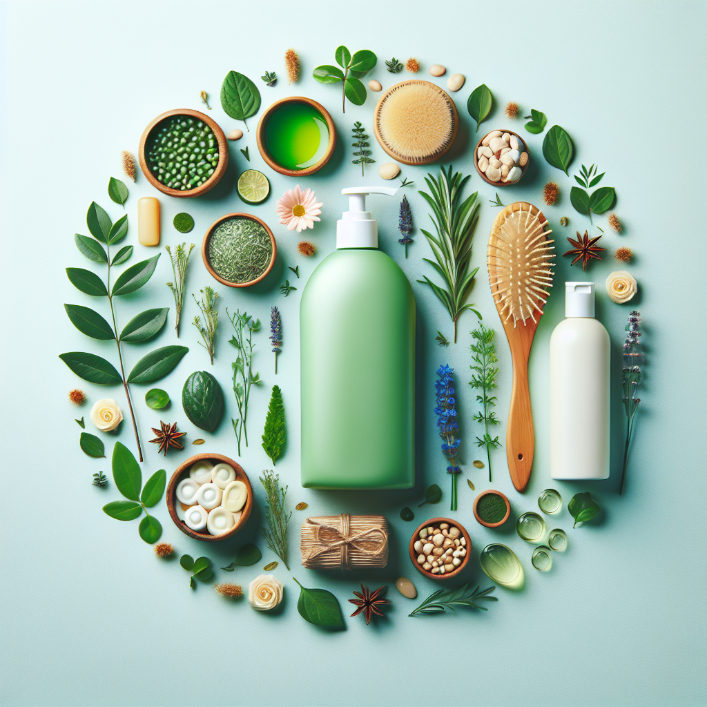 A vibrant flat lay of various organic shampoos and natural ingredients like herbs and flowers