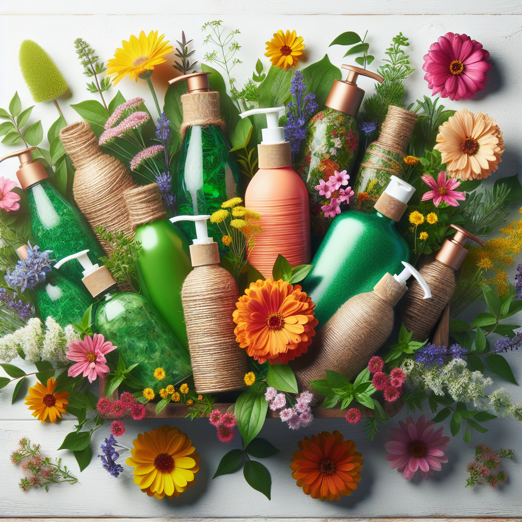 A vibrant display of various organic shampoo bottles made from recycled materials surrounded by fresh herbs and flowers