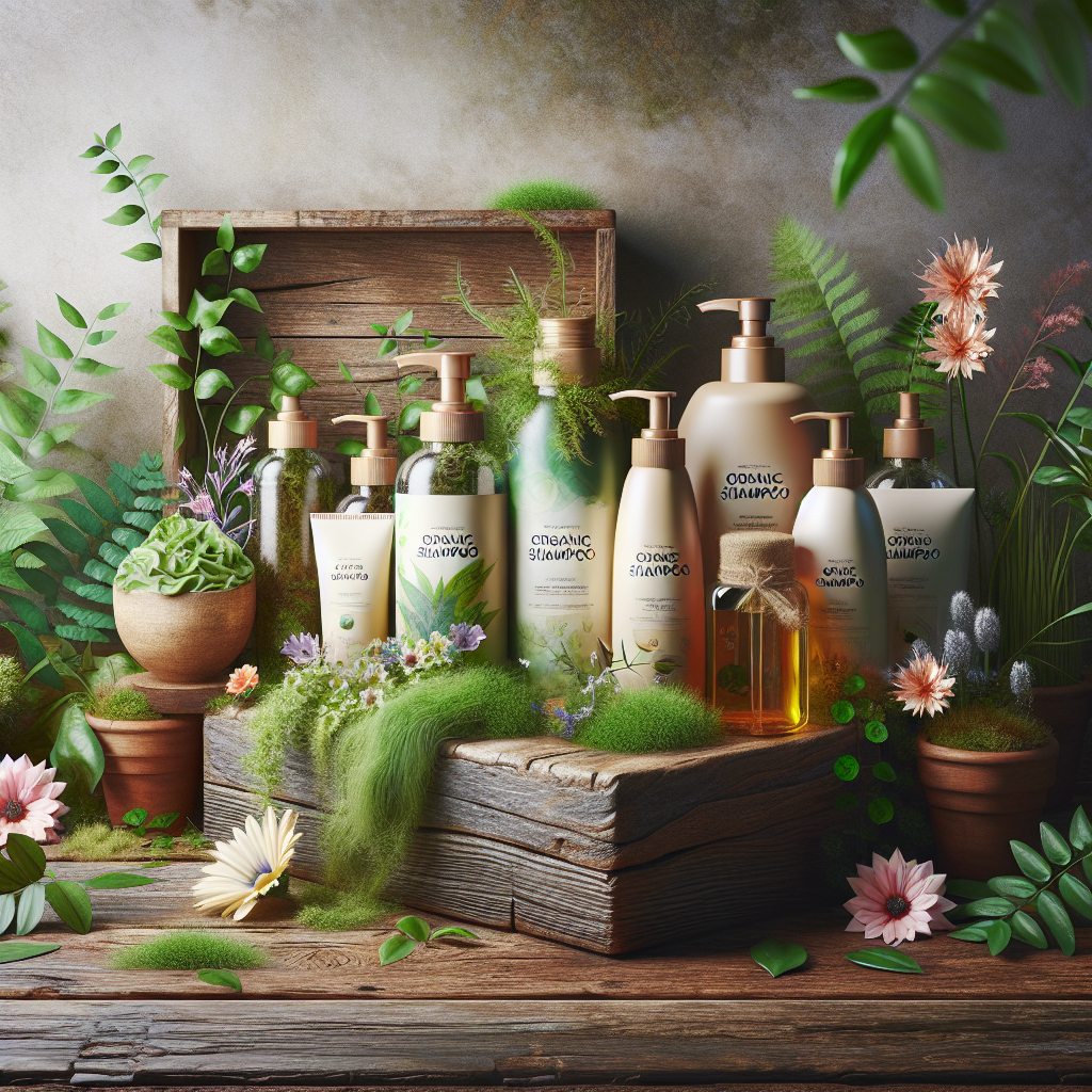 A variety of organic shampoos displayed on a wooden shelf surrounded by natural elements like plants and flowers