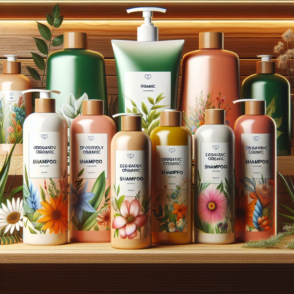 A vibrant display of various organic shampoos arranged artistically on a wooden shelf, showcasing eco-friendly packaging with botanical illustrations