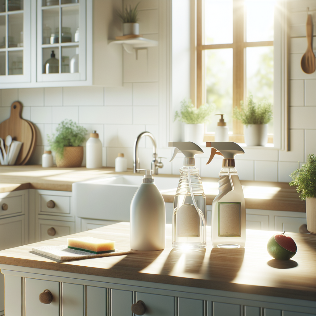 A bright and airy kitchen with natural cleaning products displayed on the counter, including eco-friendly spray bottles and biodegradable soaps, sunlight streaming in through the window