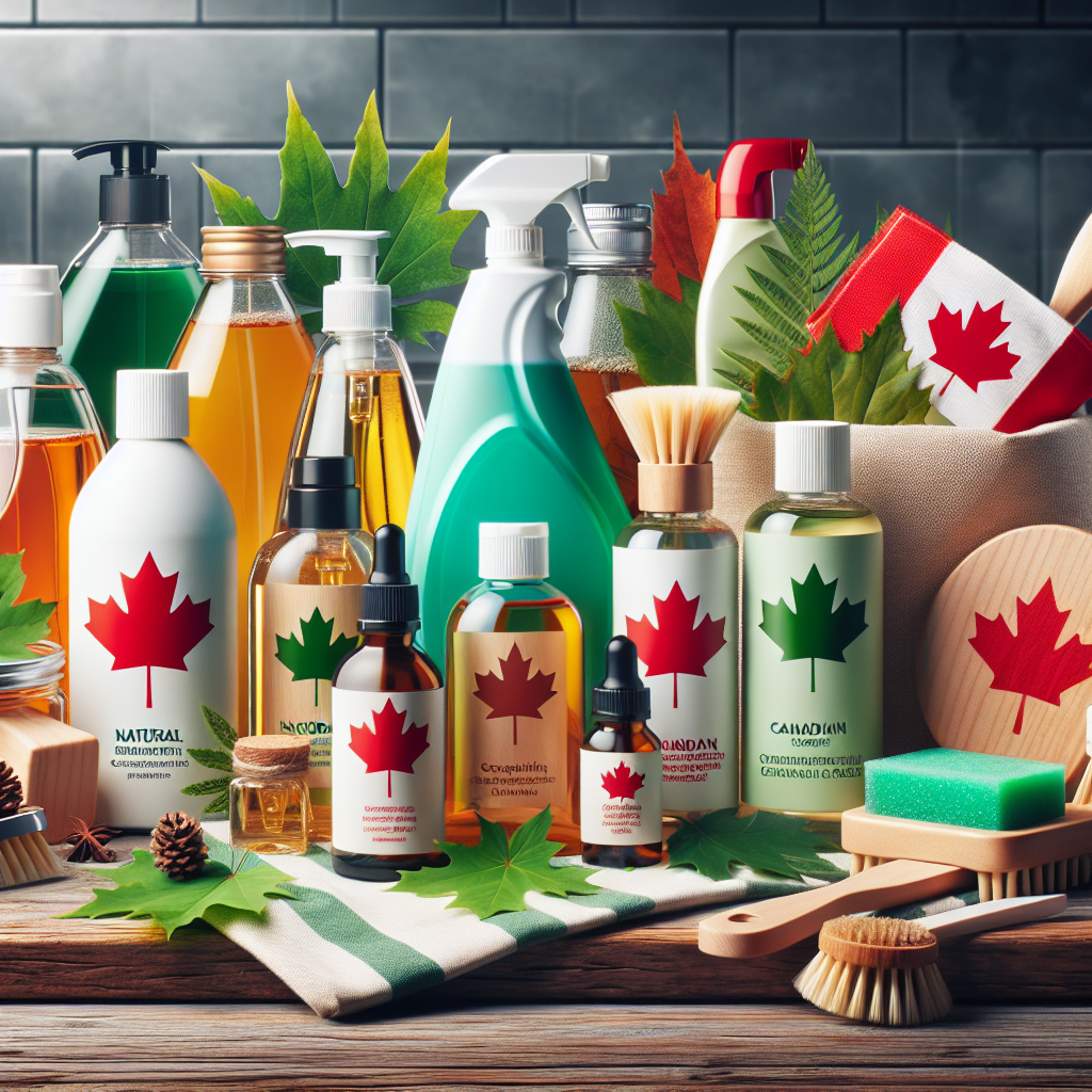 A vibrant display of various Canadian natural cleaning products arranged aesthetically on a wooden countertop