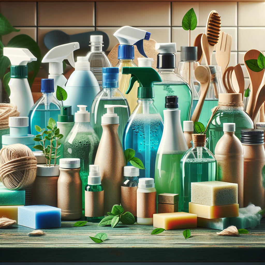 A vibrant display of eco-friendly cleaning supplies including biodegradable soap bottles, plant-based cleaners, and natural disinfectants on a kitchen counter