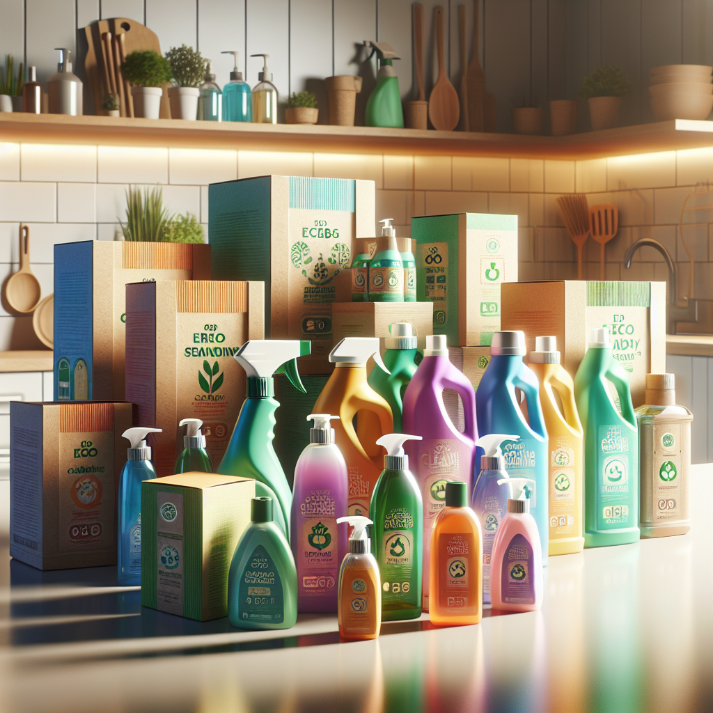 A colorful array of eco-friendly cleaning products with sustainable packaging on display in a modern kitchen setting