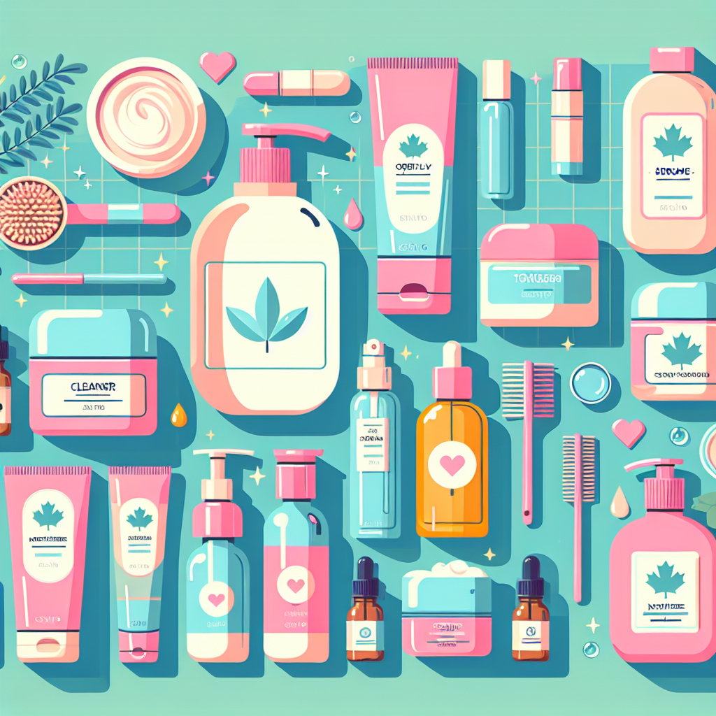 A vibrant flat lay of various skincare products for oily skin including cleansers, toners, moisturizers, and serums from Canadian brands