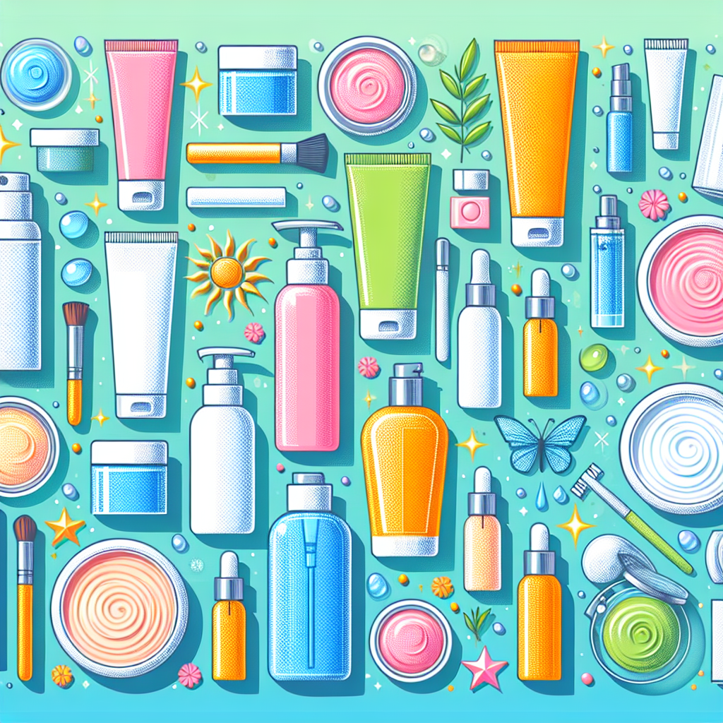 A vibrant flat lay of skincare products suitable for oily skin including cleansers, toners, serums, moisturizers, and sunscreen
