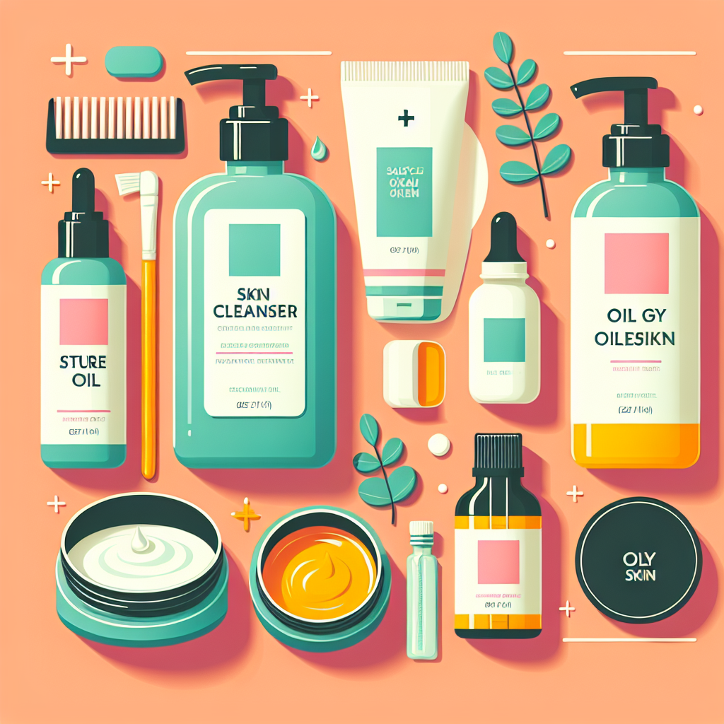 A visually appealing flat lay of various cleansers suitable for oily skin types with labels showing ingredients like salicylic acid and tea tree oil