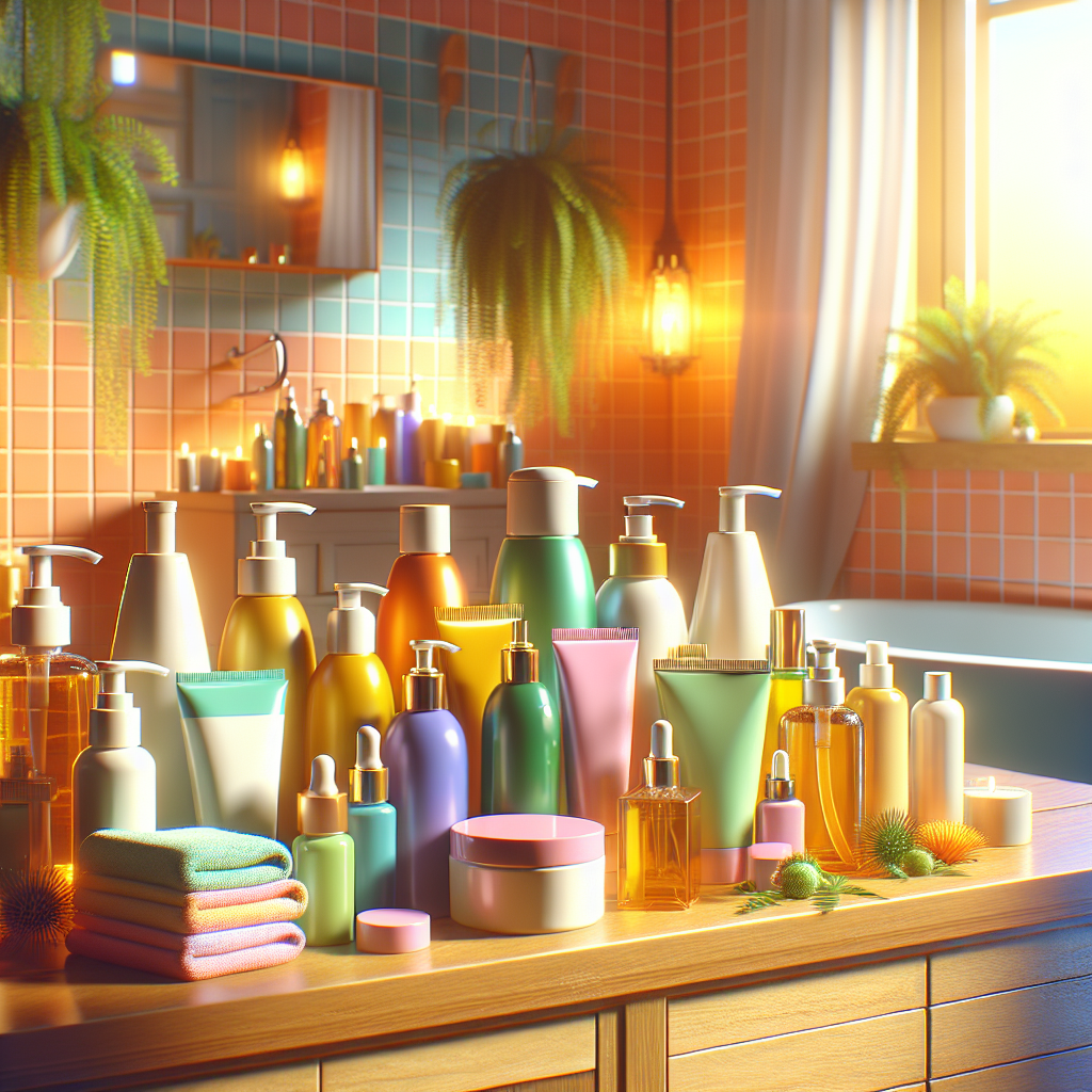 A vibrant, colorful display of various hair care products including oils, masks, and conditioners on a bathroom counter