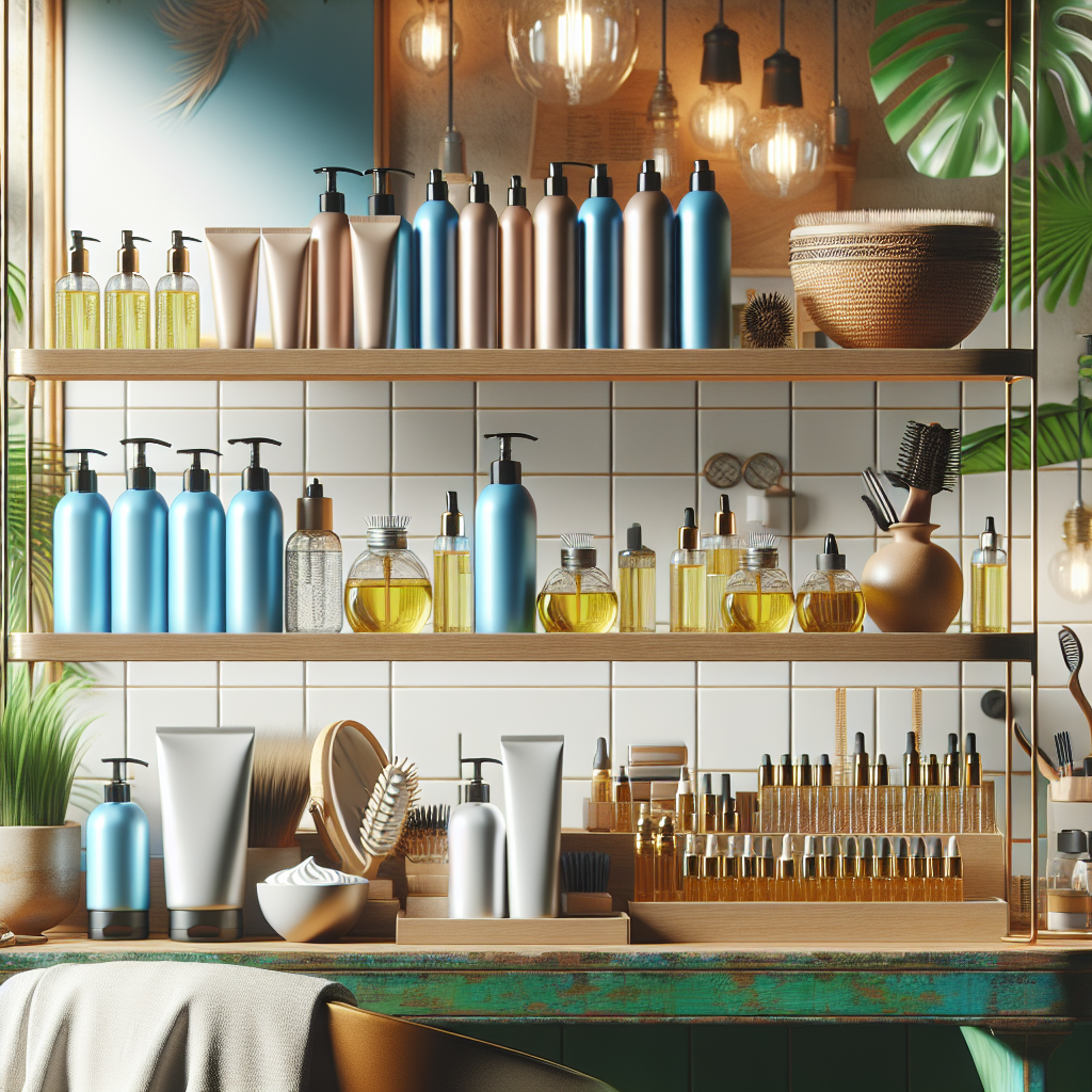 A vibrant salon setting with various high-quality hair treatment products displayed on shelves. Include deep conditioning masks, argan oil bottles, and moisturizing serums.