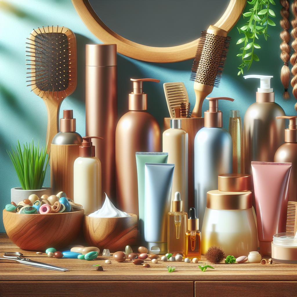 A collection of nourishing hair care products including conditioners and leave-in treatments on a stylish vanity table
