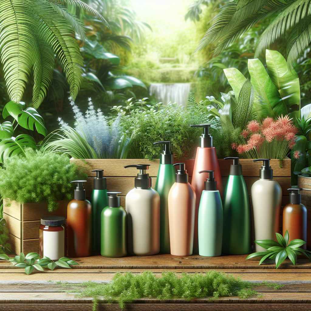 A vibrant display of various organic shampoos on a wooden table surrounded by lush green plants