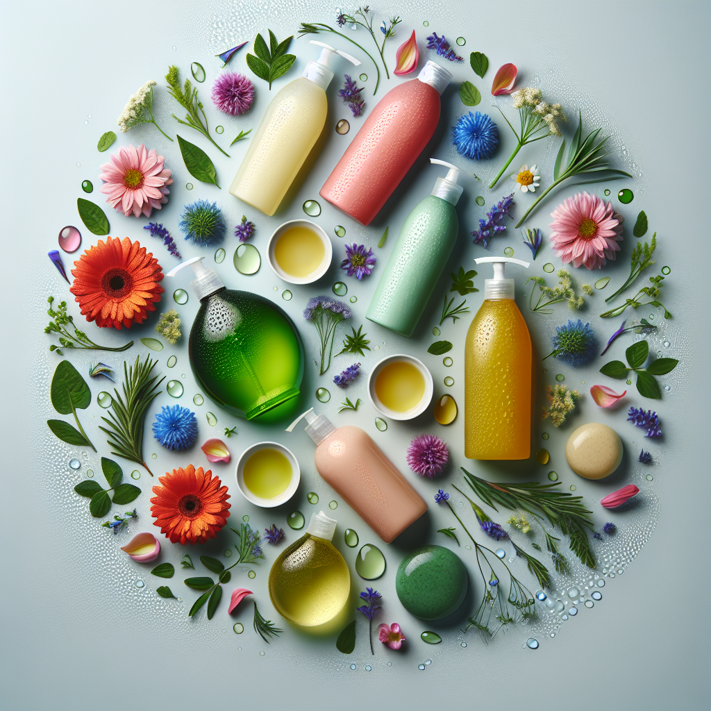 A vibrant flat lay of various organic shampoos surrounded by fresh herbs and flowers