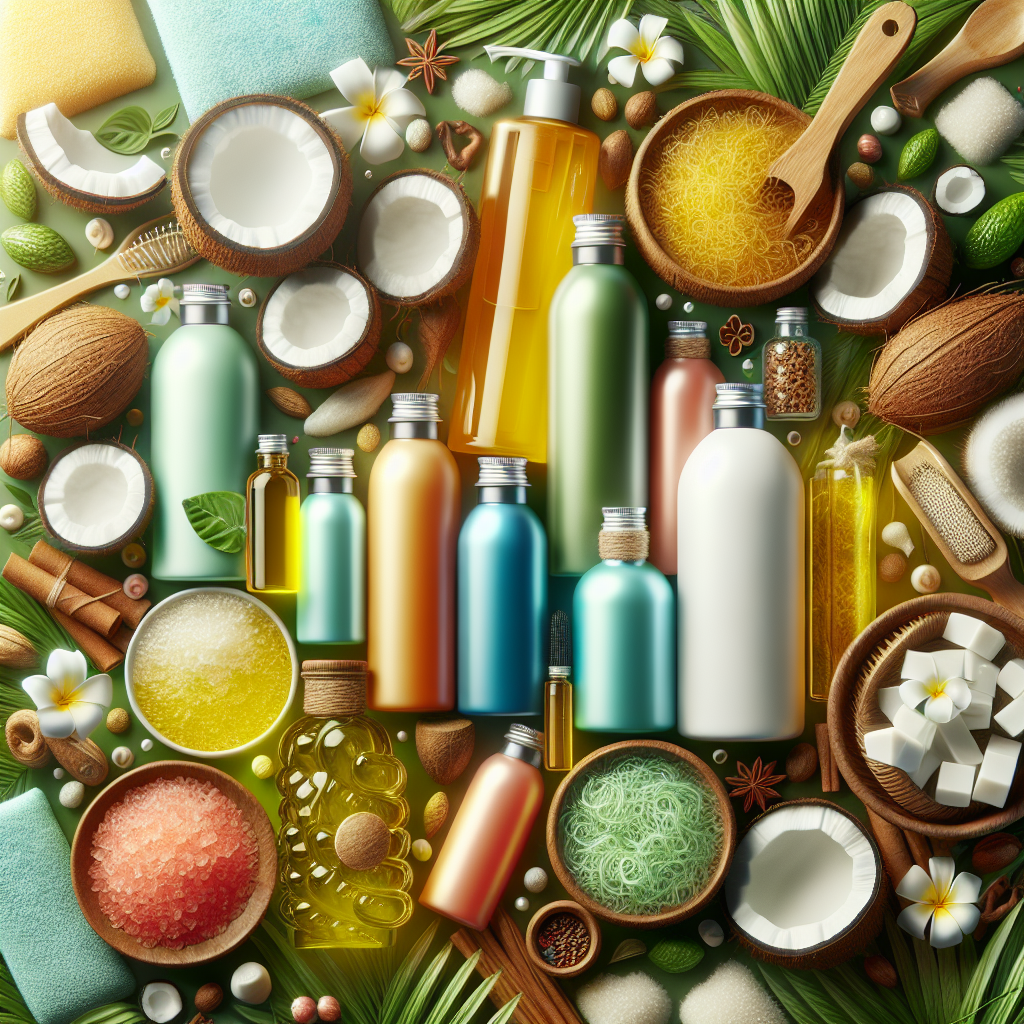 A vibrant display of various organic shampoo bottles with natural ingredients like coconut oil, aloe vera, and herbal extracts around them.