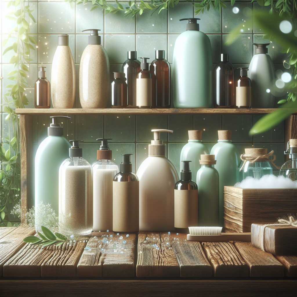 A variety of organic shampoos displayed on a wooden shelf in a bright bathroom setting