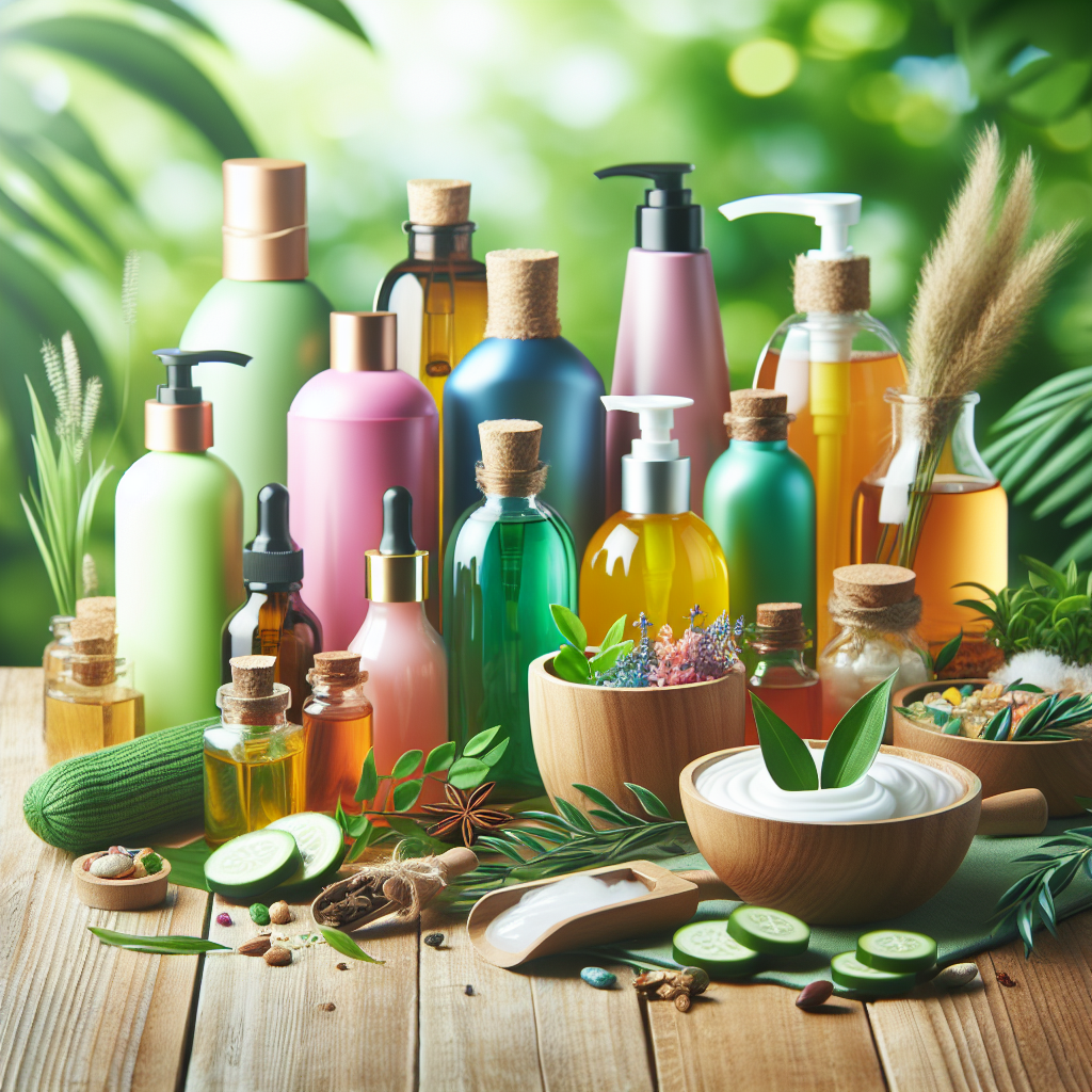 A vibrant display of various natural shampoos with botanical ingredients in an eco-friendly setting
