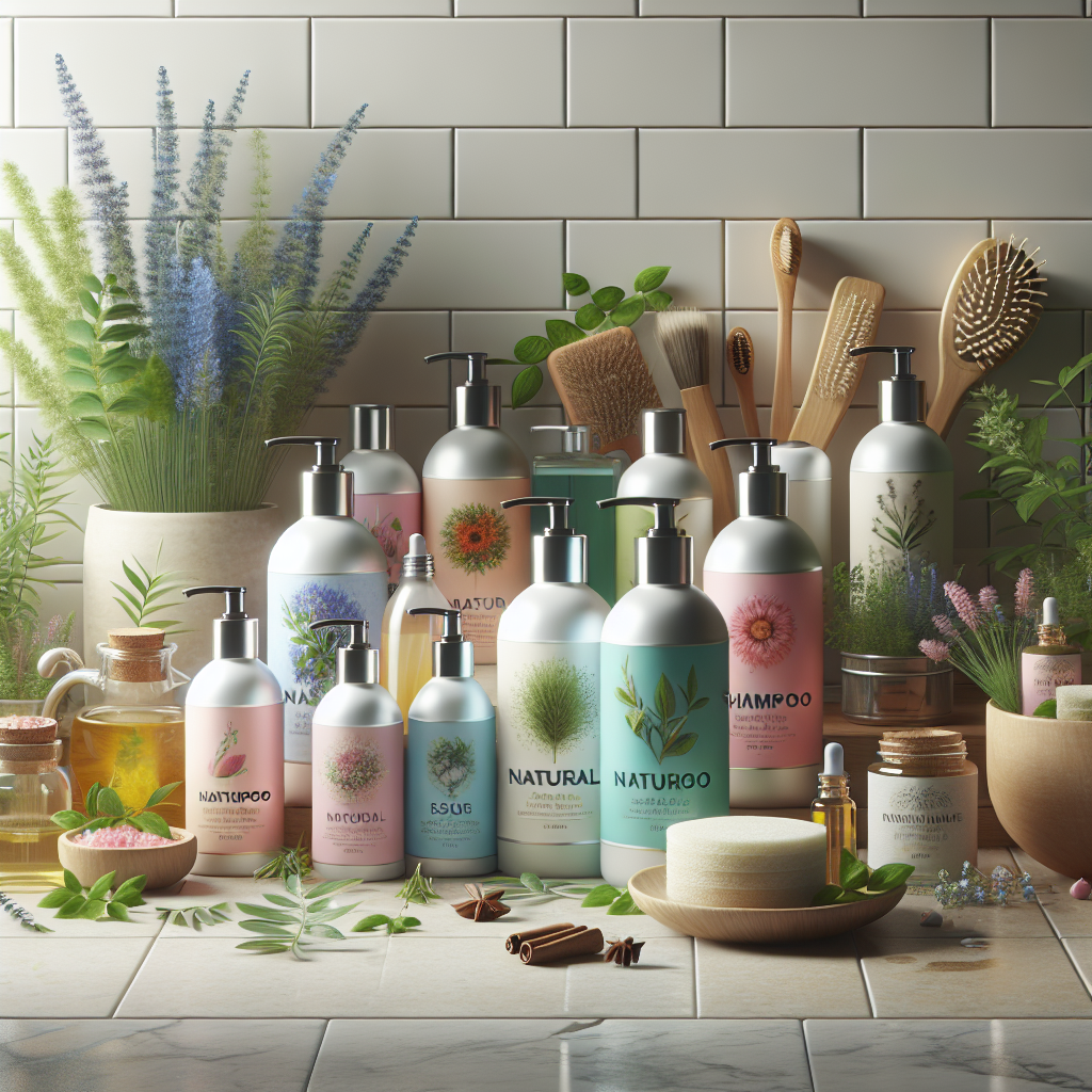 A serene bathroom scene featuring various bottles of natural shampoo with vibrant labels, surrounded by fresh herbs and essential oils
